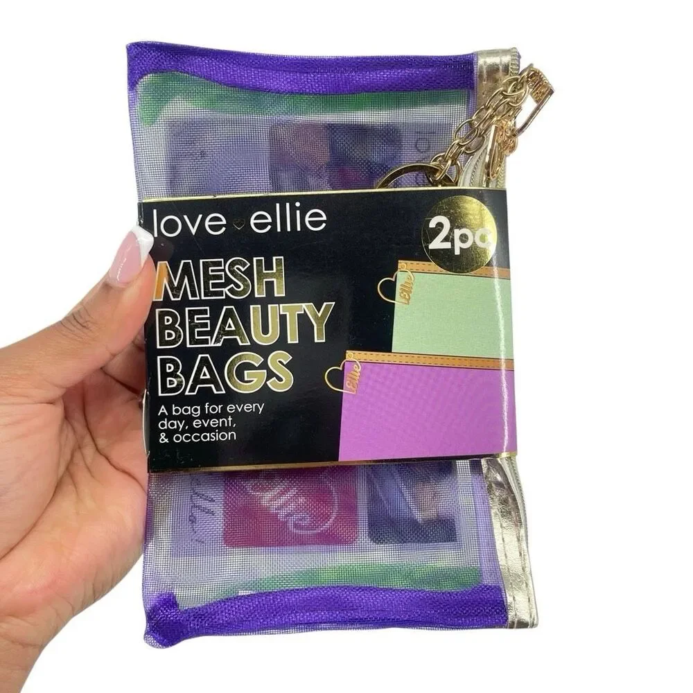 Love Ellie 2Pc Mesh Beauty Bags Set Purple Green Travel Cosmetic Pouches NIP